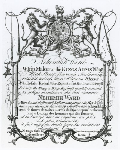 Cartão comercial para Nehemiah Ward, fabricante de chicotes de Southwark de English School