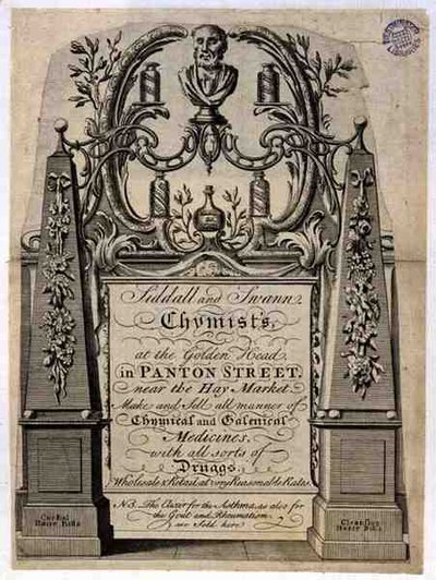 Cartão comercial para Siddall e Swann, Chemists, no Golden Head, Panton Street, Londres (gravura) de English School