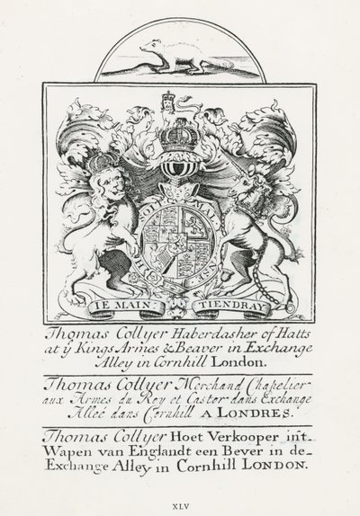 Cartão comercial para Thomas Collyer, Cornhill Haberdasher de English School