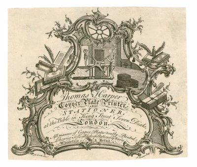 Cartão de comércio para Thomas Harper, impressora de chapa de cobre e papelaria de English School