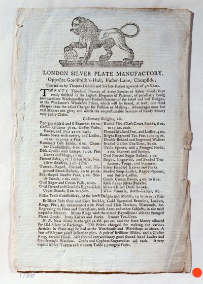 Cartão de comércio para o London Silver Plate Manufactory, 1788 de English School