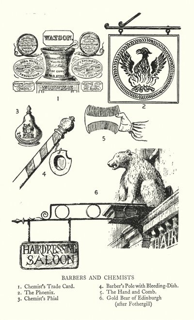 Sinais comerciais: Barbeiros e Químicos (litho) de English School