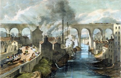 Comboio a atravessar o viaduto de Stockport na London  North Western Railway, c.1845 (litografia a cores) de English School