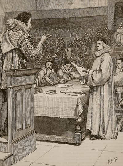 Julgamento de Buckingham, ilustração da história ilustrada de Cassells da Inglaterra (foto sépia) de English School