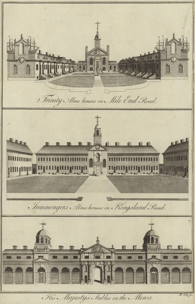 Trinity Almshouses em Mile End Road, Ironmongers Almshouses em Kingsland Road e His Majestys Stables em Mews, Londres de English School