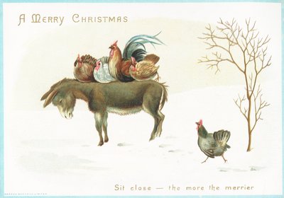Turquia e frango sentado em burros de volta, cartão de Natal de English School