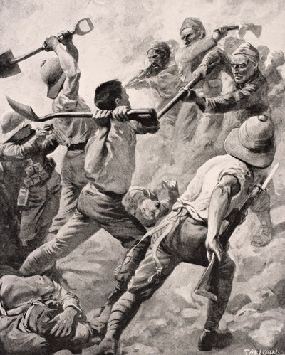 Soldados turcos e britânicos em combate corpo-a-corpo na Península de Gallipoli na Turquia em 1915, de &39;The War Illustrated Album deLuxe&39;, publicado em Londres, 1916 de English School