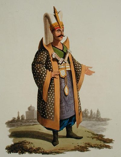 Guerreiro turco, de "Costumes das Várias Nações", Volume VII, "O Traje Militar da Turquia", de Thomas MacLean, publicado c.1800-18 (aquatint colorido à mão) de English School