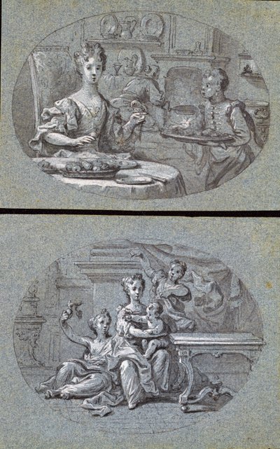 Duas cenas domésticas, c.1725 (giz preto e branco em papel azul) de English School