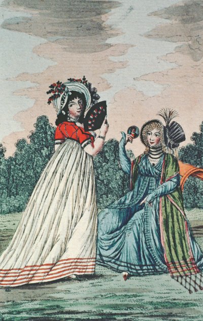Duas senhoras elegantes em um jardim, c.1800 (gravura de cor) de English School