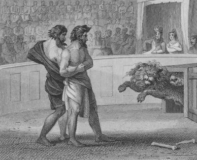 Dois reis francos jogados aos leões pelo imperador romano Constantino, o Grande, em Trier, 307 de English School