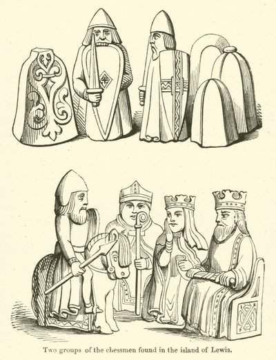 Dois grupos de chessmen encontrados na ilha de Lewis (gravura) de English School