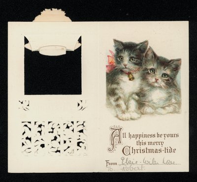 Dois gatinhos, cartão de Boas Festas de Natal. (chromolitho) de English School
