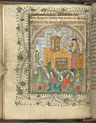 Dois homens que cuidam de fornos e um erudito robusto, talvez, Norton, com alambique, da 
