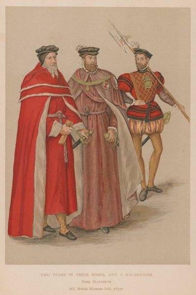 Dois pares em suas vestes e um Halberdier na era elizabetana de English School
