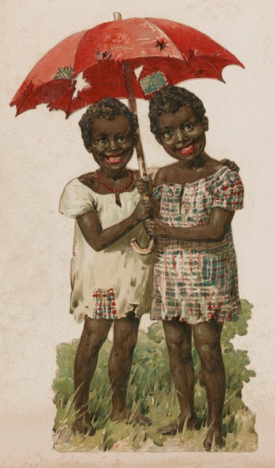 Duas pobres crianças negras abrigadas debaixo de um guarda-chuva esfarrapado (cor litho) de English School