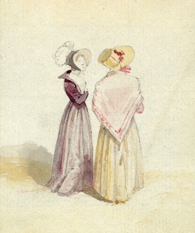 Duas mulheres em capotas, c.1825 (wc no papel) de English School