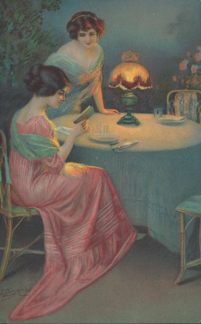 Duas mulheres, sentando, em, um, tabela de English School