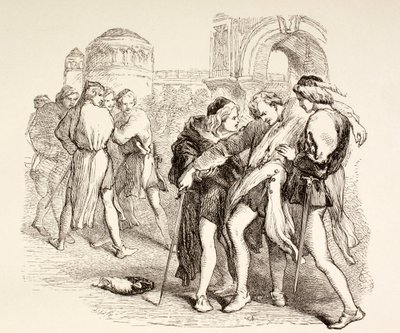 Tybalt é fatalmente ferido por Romeo, ilustração de Romeu e Julieta, de "The Illustrated Library Shakespeare", publicado em Londres em 1890. de English School