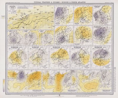 Tempo típico e tempestades, Europa e Atlântico Norte (litografia a cores) de English School