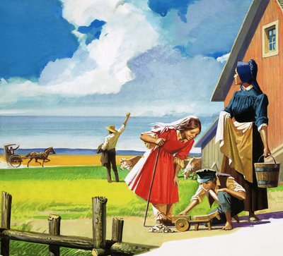 Cena rural americana não identificada com a família Quaker de English School