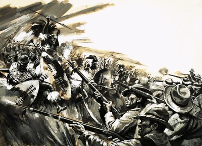 Batalha não identificada com guerreiros Zulu, possivelmente Roarke&39;s Drift de English School