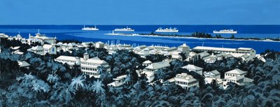 Costa não identificada com a aldeia e barcos no horizonte de English School