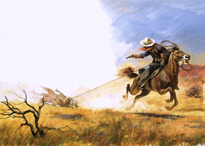 Cowboy não identificado atira em um leão de montanha lassoed de English School