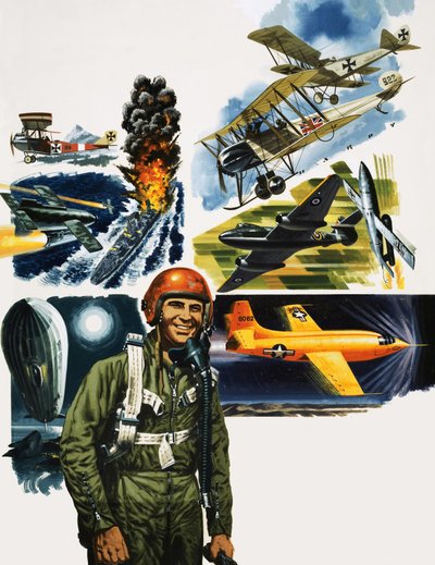 Piloto não identificado contra uma montagem de aviões de English School