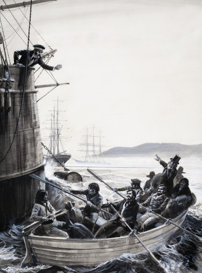 Marinheiros não identificados (amotinados) em barco a remo com o capitão agitando o punho de English School