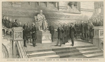 Desvelando a estátua do falecido Charles Darwin no Museu de História Natural, South Kensington de English School