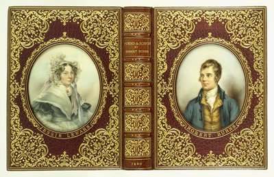 Capas superiores e inferiores, e lombada, com retratos ovais de Robert Burns e Jessie Lewars de English School