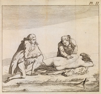 Utilização de um fumigador para soprar fumo de tabaco nas entranhas de uma mulher afogada para ajudar à reanimação, c.1790 (gravura) de English School