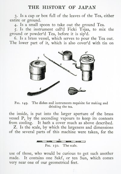 Utensílios usados em cerimônias de chá japonesas, da History of Japan, de Engelbert Kaempfer (1651-1716), publicado em 1727 de English School