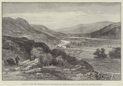 Vale da Dee, Braemar, com Mar Lodge, a Sede Alta do Duque e Duquesa de Fife (gravura) de English School