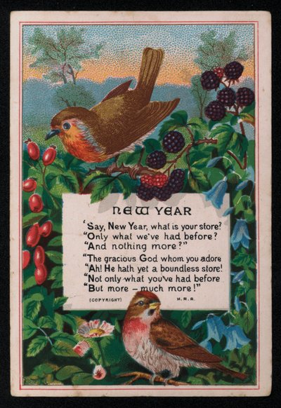 Verso, bagas e pássaros, cartão de Boas Festas de Ano Novo. (chromolitho) de English School