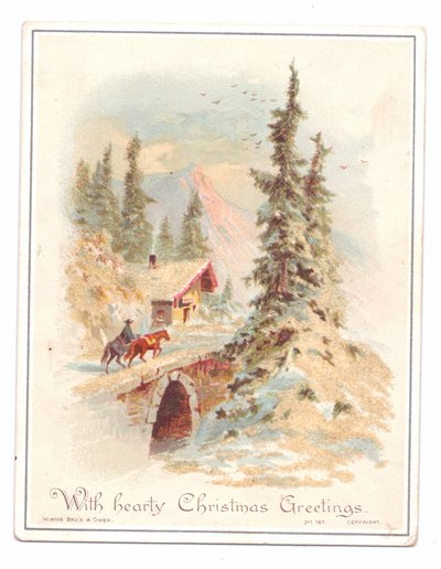 Cartão de Natal vitoriano de um homem e dois cavalos atravessando uma ponte, c.1880 (cor litho) de English School