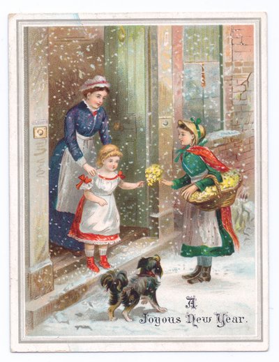 Cartão de Ano Novo vitoriano de uma empregada segurando uma menina enquanto ela compra flores de um vendedor de flores na neve que cai, c.1880 (cor litho) de English School