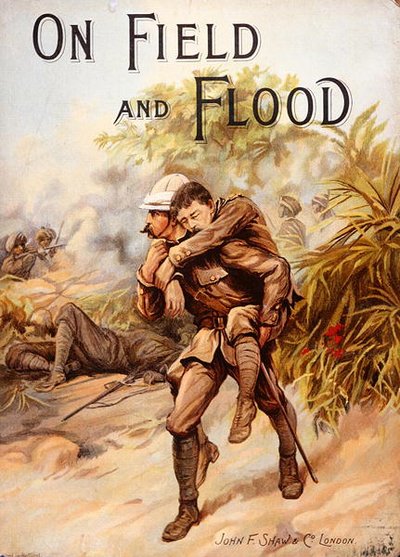 Capa de livro vitoriano retratando o Cirurgião-Capitão Whitchurch ganhando o V.C. carregando o Capitão Baird ferido para segurança sob fogo pesado na Campanha de Chitral, Índia, março de 1895 (cor litho) de English School