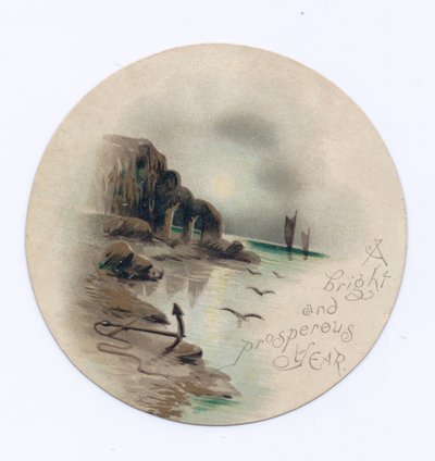 Cartão de Ano Novo circular vitoriano de uma paisagem marítima com dois iates numa noite de luar, c.1880 (cor litho) de English School