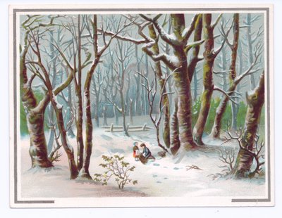 Cartão de felicitações vitoriano de duas crianças que recolhem ramos na neve, c.1880 (cor litho) de English School