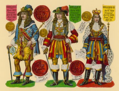 Sucata vitoriana: rei Carlos II, rei Jaime II, rei Guilherme III de English School