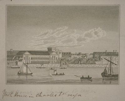 Vista para o norte através do rio Tâmisa, olhando para a York House e York Buildings de English School