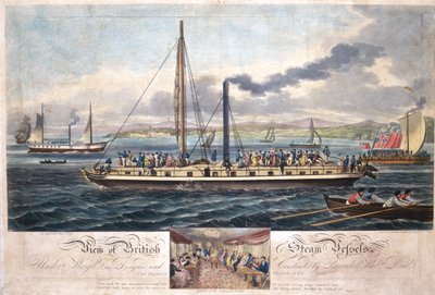 Vista de British Steam Vessels, publicado por R. Ackermann, 1820-51 (aquatinta colorida) de English School