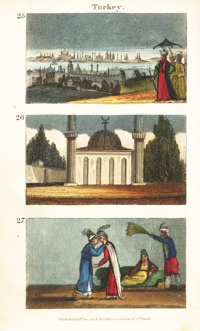 Vista de Constantinopla (Istambul) no início do século 19 25, mesquita muçulmana com cúpula e minaretes 26, e jovens gregas se beijando nos olhos 27 de English School