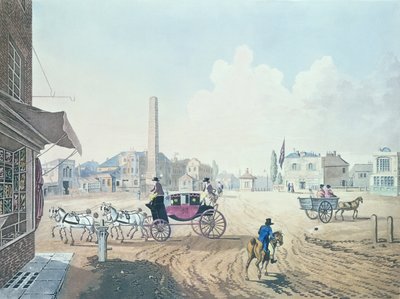 Vista de Londres No.2, Entrada da Estrada de São Jorge ou Obelisco Turnpike, com Vista do Circo Real, gravado por Dagaty Delin und Sculp-, 1787 (gravura colorida à mão) de English School
