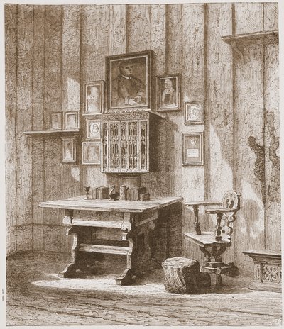 Vista da sala de Luthers no Wartburg, mostrando a tinta-mancha na parede, ilustração da história do protestantismo por James Aitken Wylie (1808-1890), bar. 1878 de English School