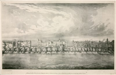 Vista da antiga ponte de Londres como no reinado da rainha Elizabeth I de English School