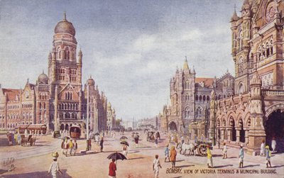 Vista do Victoria Terminus e do Edifício Municipal, Bombaim (litografia a cores) de English School