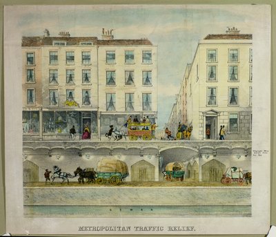 Vista de uma rua de Londres com sugestão de túnel por baixo para aliviar o tráfego, c.11850 (litografia) de English School